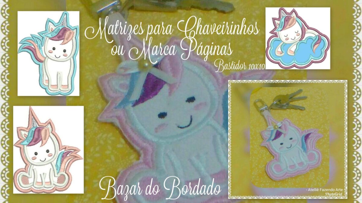 Matrizes de Bordado - Unicórnios Fofos Aplique + Chaveiro - Imagem 1