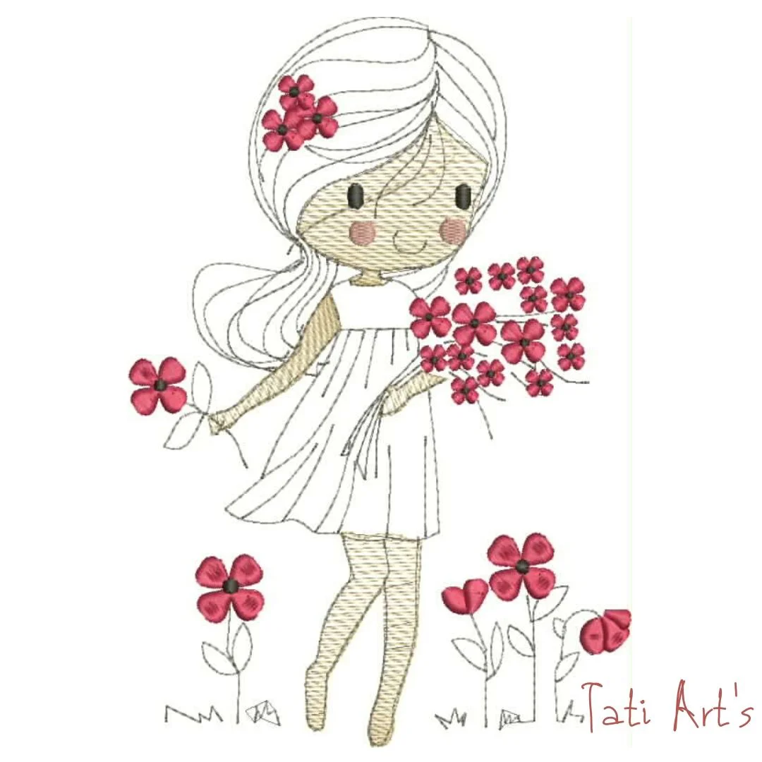 Matriz de bordado menina no jardim ponto corrido - Image 1