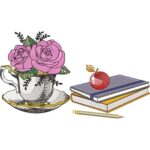 Matriz de bordado Xicara com rosas e cadernos