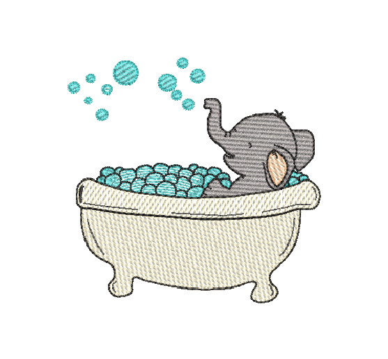 Matriz de Bordado de Elefantinho tomando banho de banheira em pontos leves