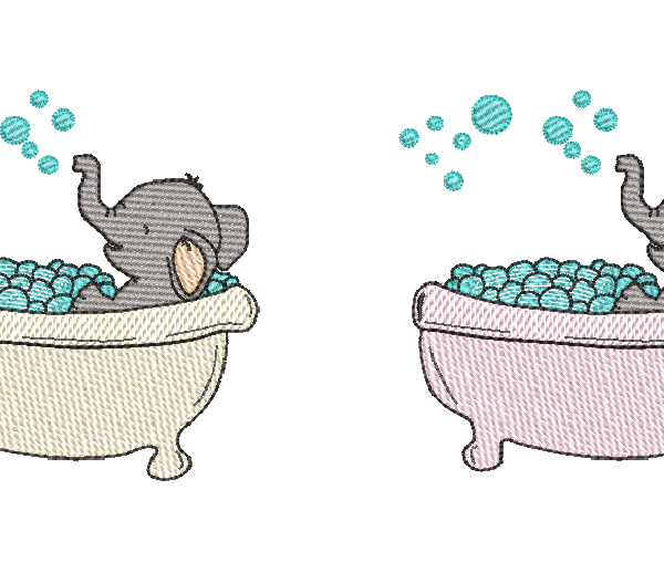Matriz de Bordado de Elefantinhos tomando banho de banheira em pontos leves