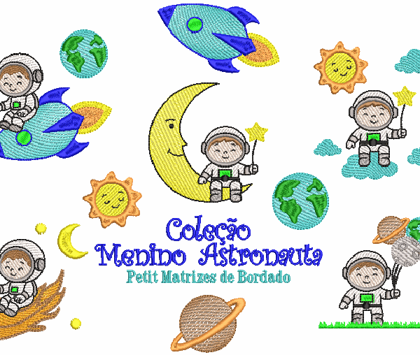 Capa da coleção Menino Astronauta com matrizes de bordado infantis em pontos leves