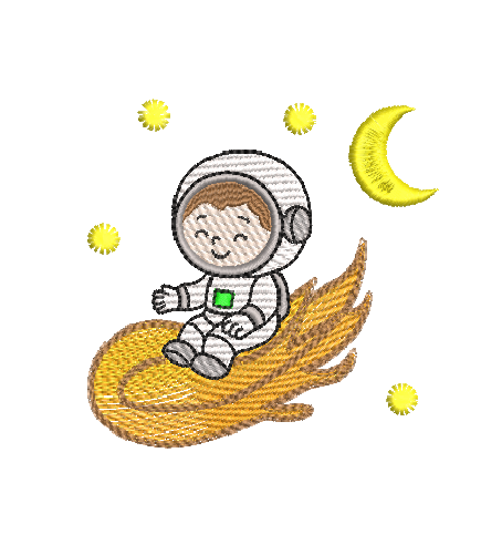 Matriz de bordado infantil astronauta no cometa em pontos leves