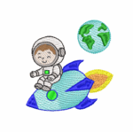 Matriz de bordado infantil astronauta no foguete em pontos leves