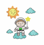 Matriz de bordado infantil astronauta nas nuvens em pontos leves