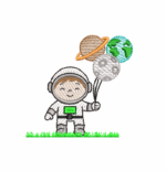 Matriz de bordado infantil astronauta segurando balões de planeta em pontos leves