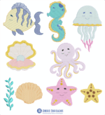 A imagem apresenta um conjunto diversificado de nove bordados de criaturas e elementos marinhos em estilo fofo e cartunesco, todos em cores pastel suaves. O design inclui um peixe listrado Todos os personagens marinhos possuem expressões faciais amigáve