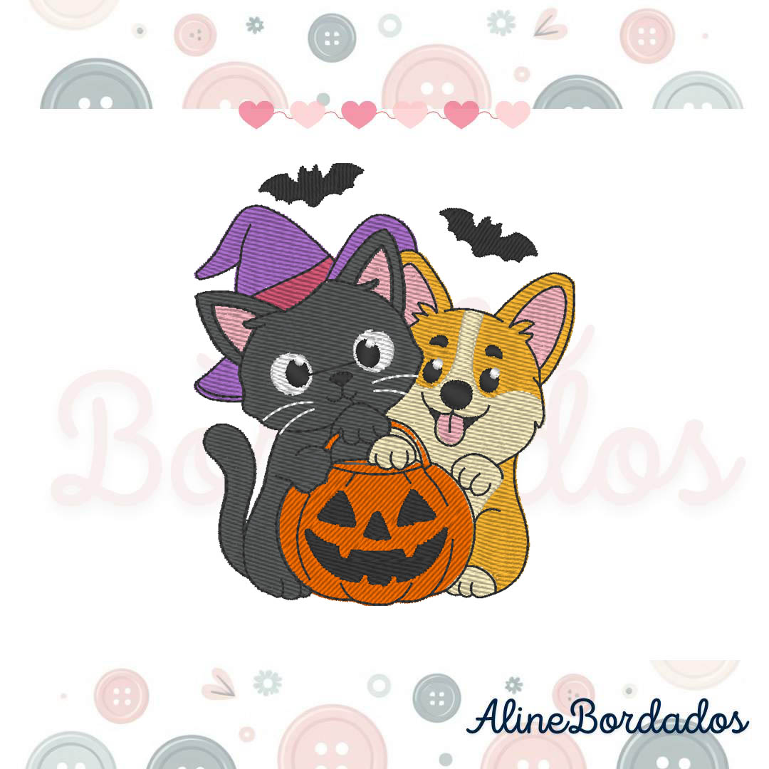 Cópia de Enila Designs - 1 Matriz de Bordado Cachorrinho Corgi e Gatinho Preto Halloween - Imagem 1