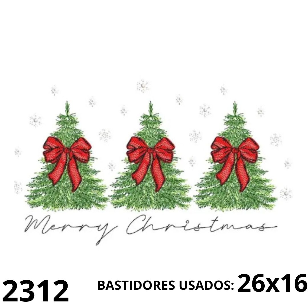 2312 Matriz de bordado barrado de arvores natalinas com laços grandes - Imagem 1
