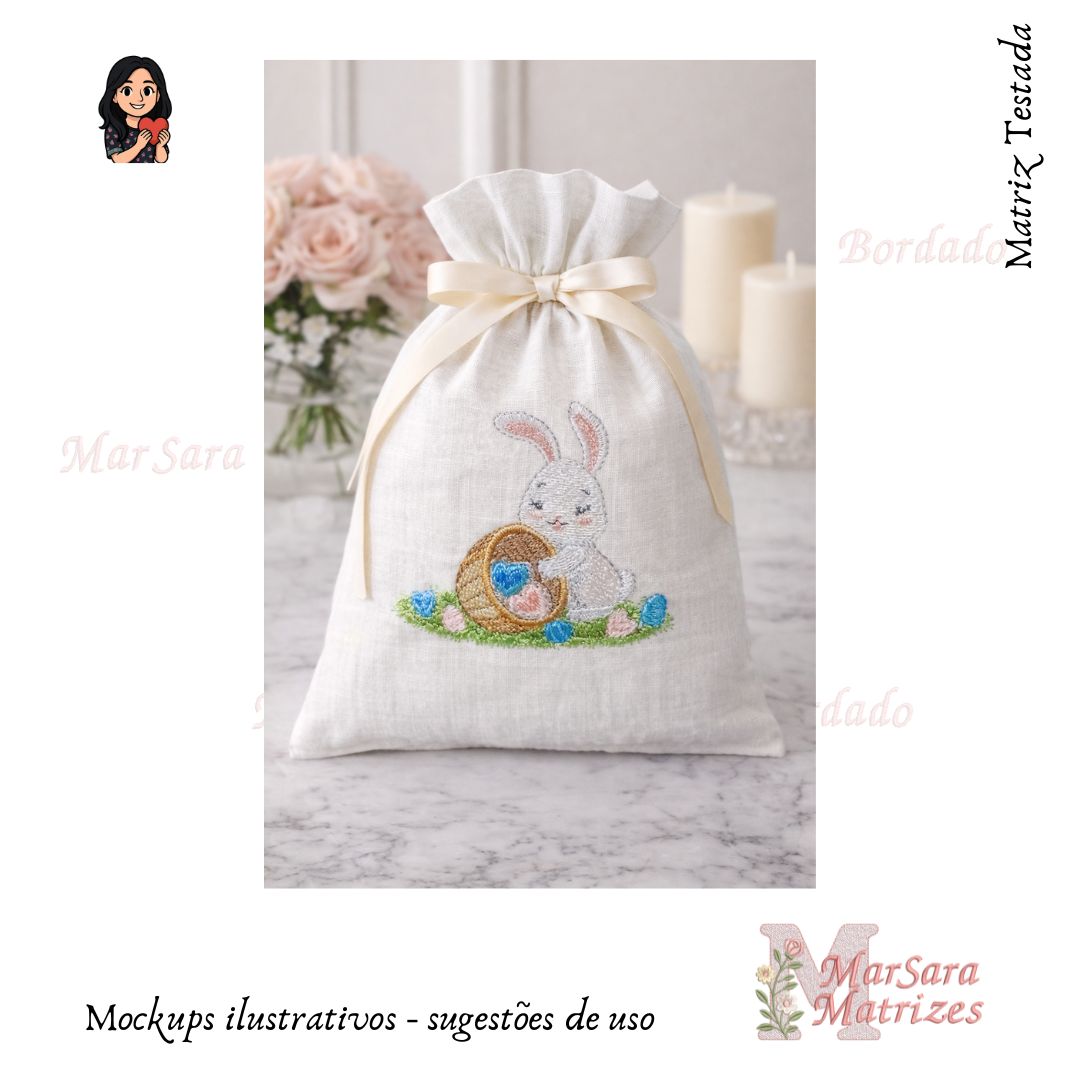 coelhinho com cesto - Matriz Testada - sugestão de uso Matriz de Bordado - Coelho com Cesto de Corações - Imagem 1