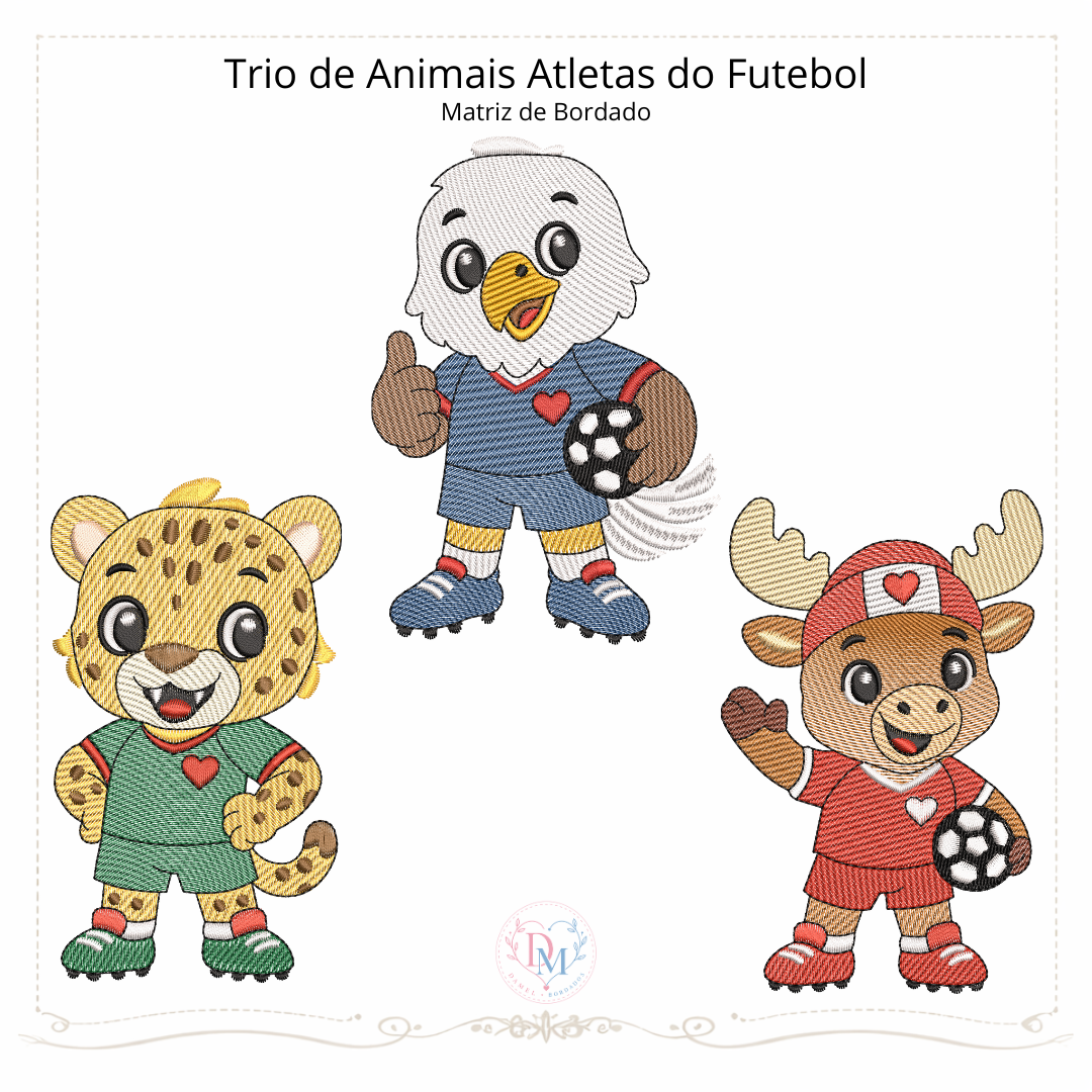 atletas do futebol Trio de Animais Atletas do Futebol - Matriz de Bordado (Pontos Leves) - Image 1