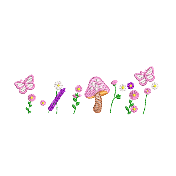 Matriz de bordado Jardim flores cogumelo e borboletas