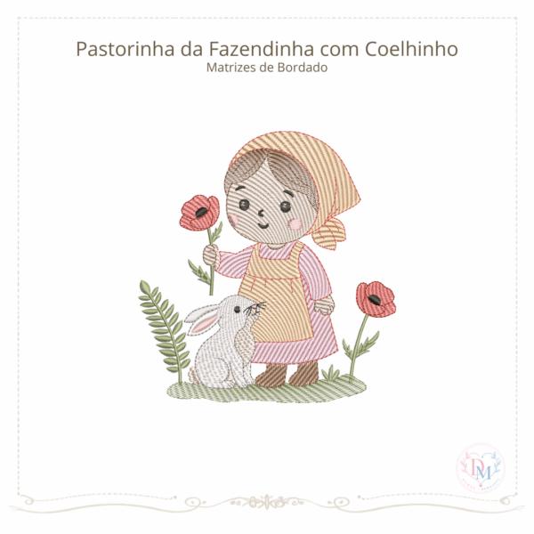 Matriz de Bordado Pastorinha da Fazendinha com Coelhinho (Pontos Leves)