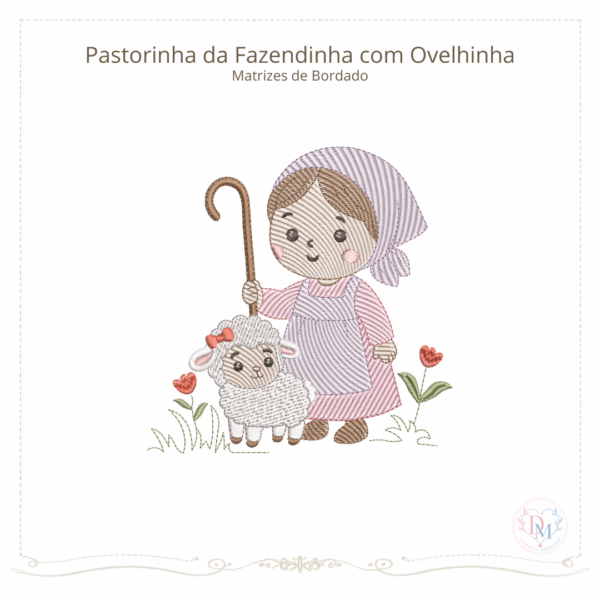 Matriz de Bordado Pastorinha da Fazendinha com Ovelhinha (Pontos Leves)
