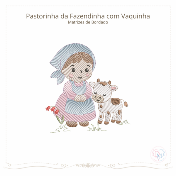 Matriz de Bordado Pastorinha da Fazendinha com Vaquinha (Pontos Leves)